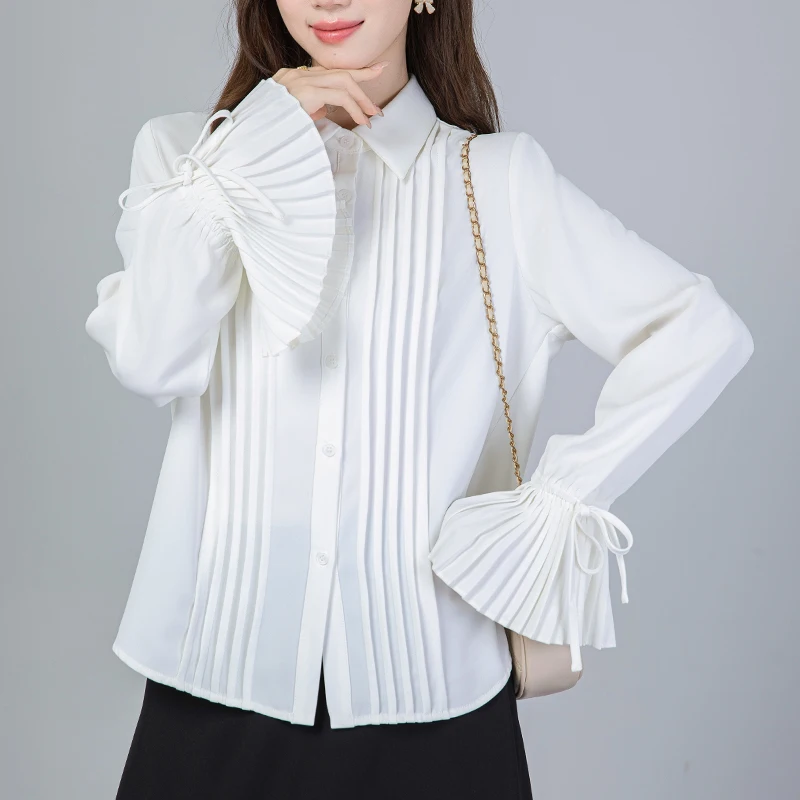 

Новинка 2023 года, французская белая рубашка с расклешенным длинным рукавом, весенне-осенняя женская плиссированная блузка, элегантные топы в дворцовом стиле, рубашки