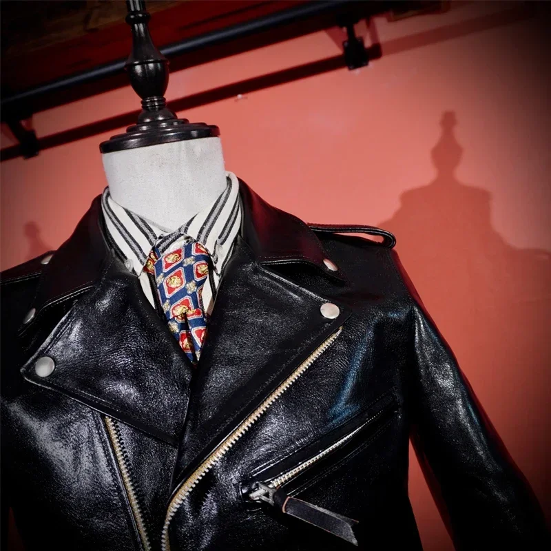 AnnualRing Japanese Tea Core Horse Leather J24 Cable-stayed J22 Men\'s Slim Biker Genuine Leather Jacket