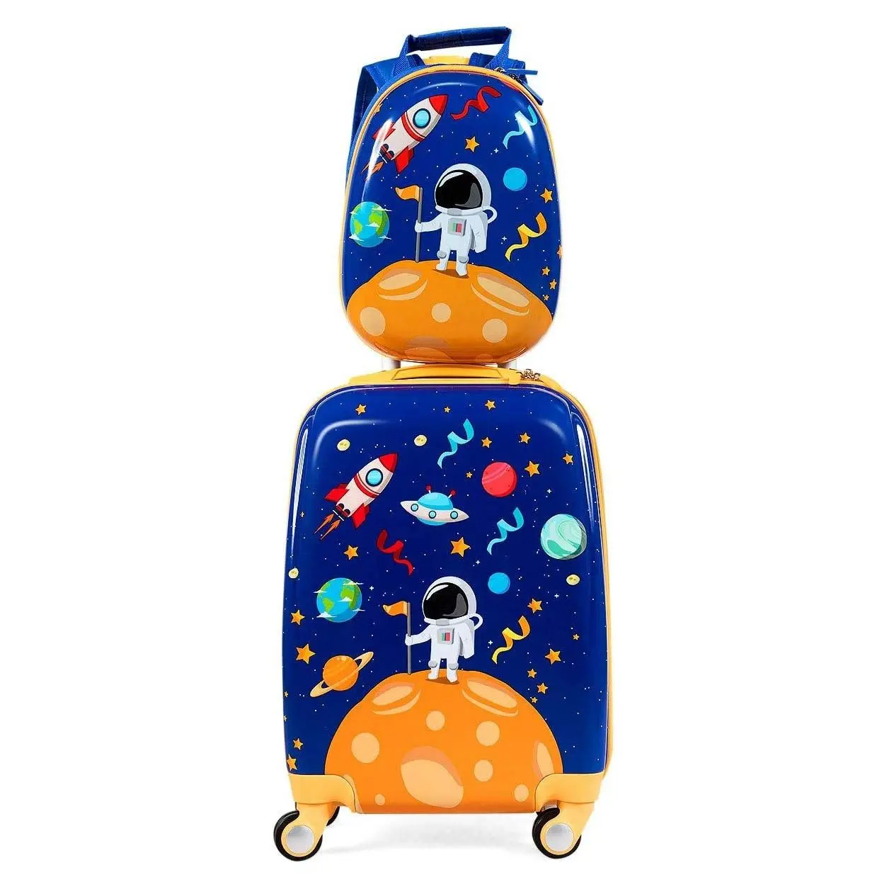 Maleta de 2 piezas para niños + mochila con carrito, juego de equipaje de plástico, equipaje de mano, estuche rígido de viaje, azul