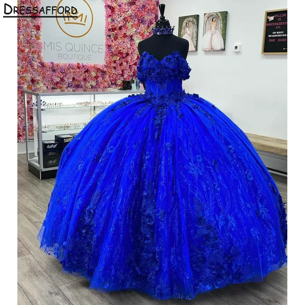 

Royal Blue Off The Shoulder Corset Quinceanera Dress Ball Gown 3D Flowers Sparkly Crystal Sweet 16 Vestido De XV Anos