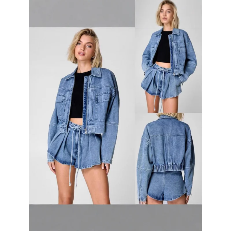 Women's High Waisted Slimming Denim Jacket 2026 Workwear Style Loose Fit Short Set - New Arrival
