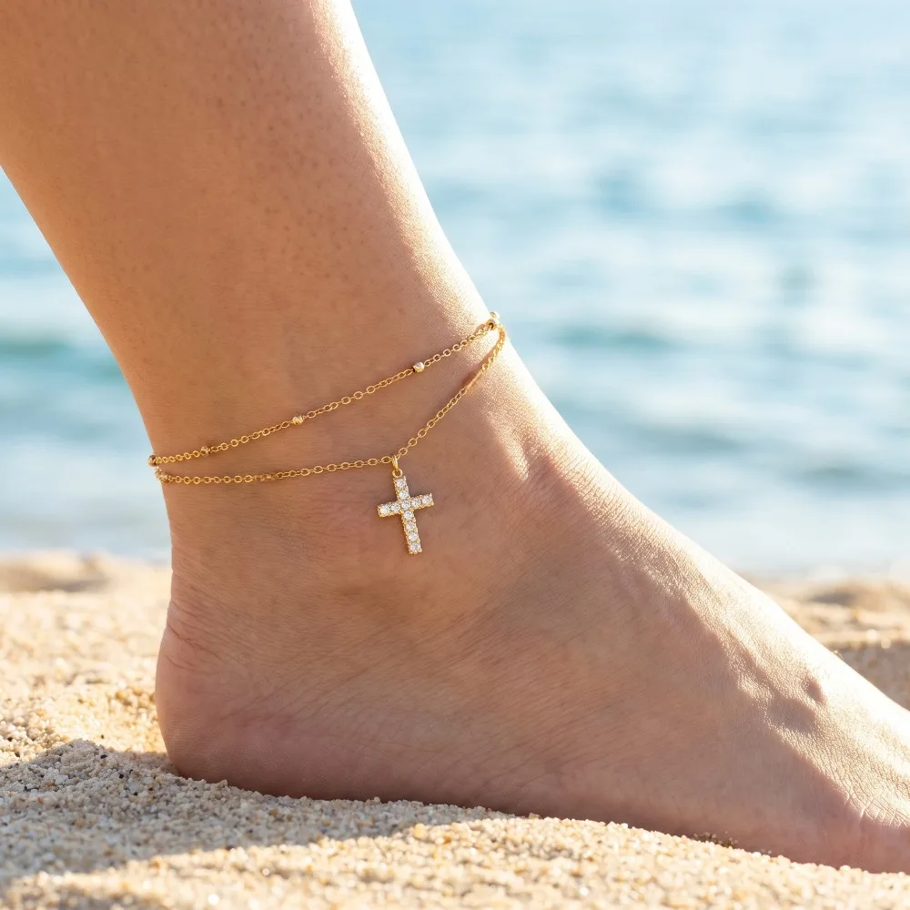 Trendy Personality Gold Color Double-layer Cross Zircon Charm Stainless Steel Anklets for Women Charm Beach Tourism Foot Jewelry