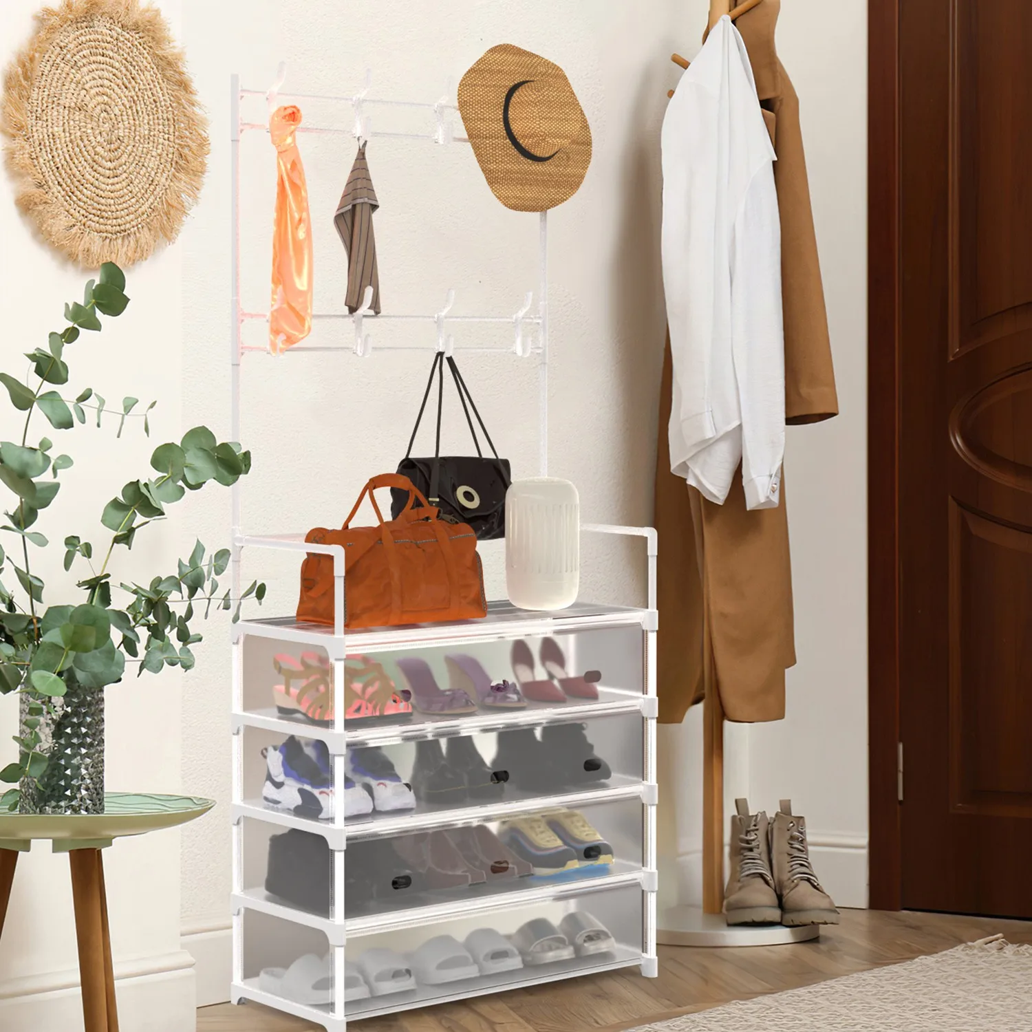 5-Tier Dustproof Entryway Hall Tree Coat Rack Shoe Rack With 8 Removable Hooks Freestanding Shoe Storage Shelf Hat Clothes