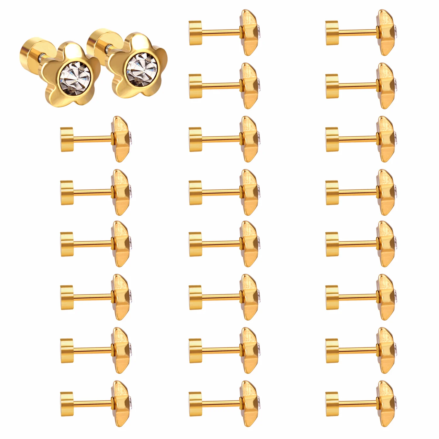 2022 New 12 Pairs Stainless Steel No Fading Zirconia Flower Earrings for Women Gold Color Fashion Gift Jewelry Party Accessories