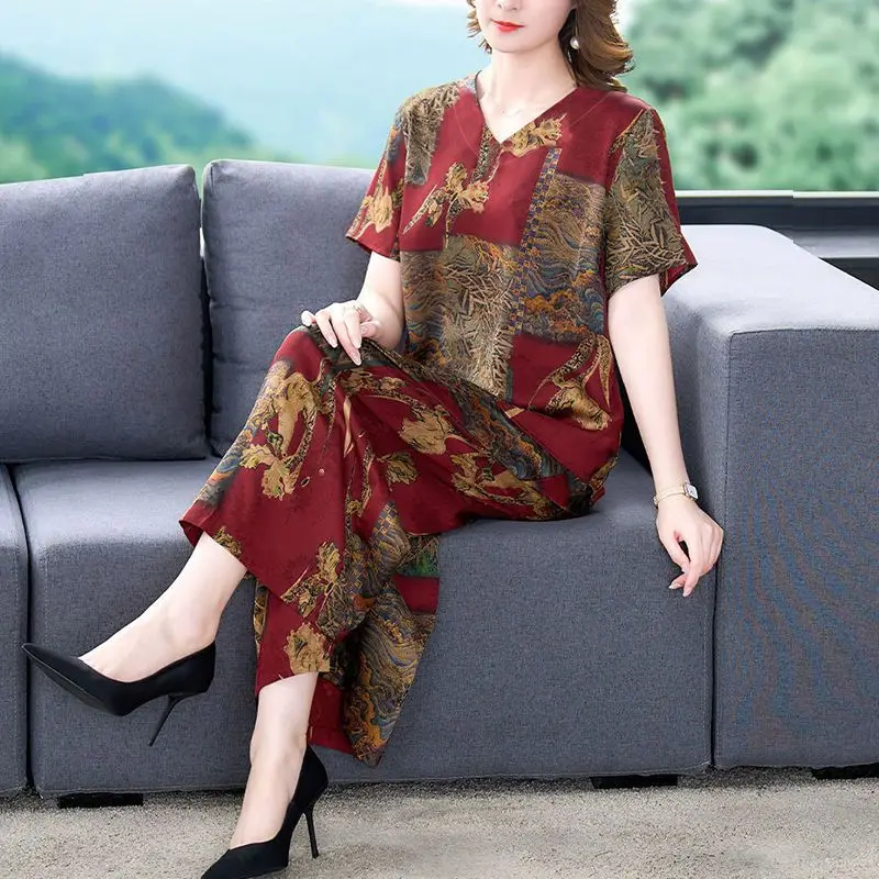 Women Suit Retro Imitation Ice Silk Printing Wide Leg Pants 2024 Spring Summer New Fashion Loose Short Sleeve Tops Two Piece Set