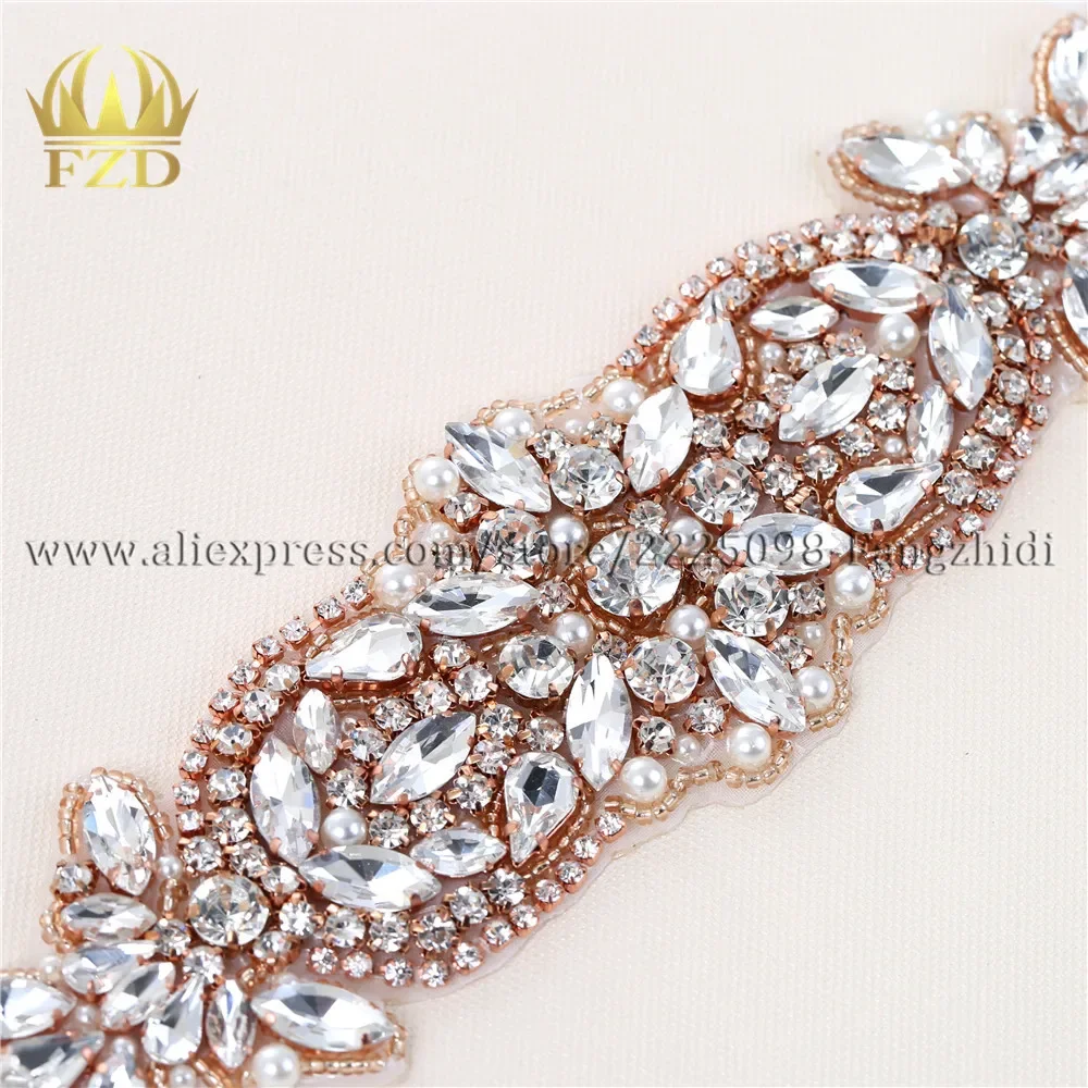 10 Pieces Wholesale Handmade Hot Fix Strais Sew on Diamante Bridal Rose Gold Beaded Appliques for Wedding Dresses Belts