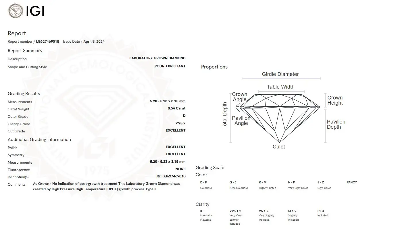 0.54 CT D Color VVS2 Clarity Round shape IGI Certified Lab Grown Diamond CVD HPHT Loose Diamond