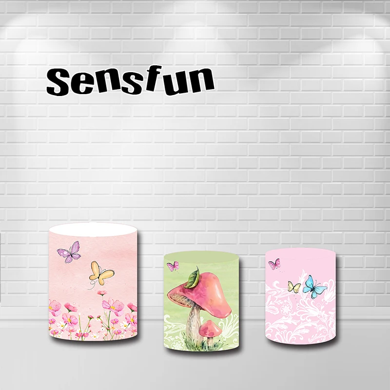 Pink Tree Butterfly Round Backdrop Covers Spring Girls 1st Birthday Party Background Table Decoration Cylinder Covers