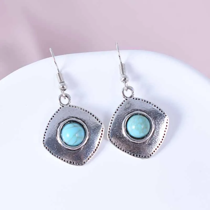 Boho Vintage Ethnic Dangle Hanging Earrings for Women Tibetan Jewelry Jhumka Earrings Gypsy Silver Color Alloy Turquoise Earring