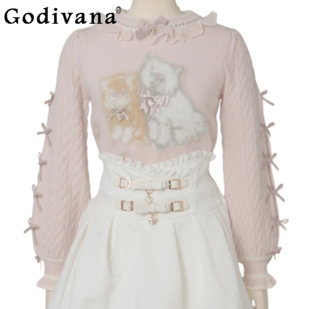 سترة Liz لخريف 2025 سترة جديدة على الطراز الياباني للفتيات الجميلات لوليتا كات منفوش ناعم وردي متماسك بلوفر ربيعي نسائي بقصة ضيقة