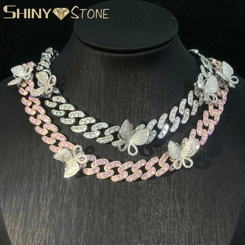 New Iced Out Bling Pink Pinky Butterfly Choker Women Jewelry 12mm Cubann Link Chain Butterfly Necklace