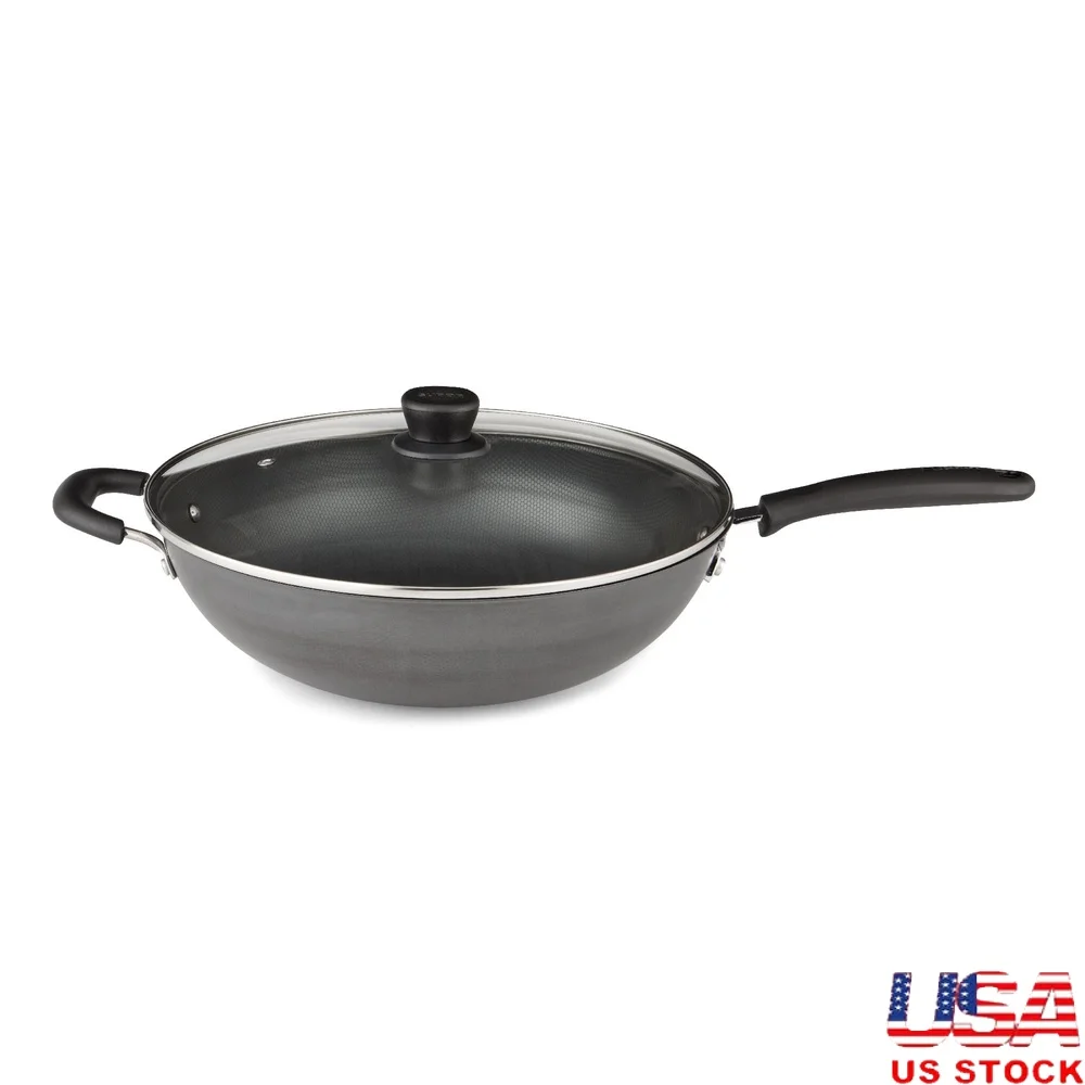

Heavy-Duty Carbon Steel Wok with Glass Lid 13.5 Inch Deep Bowl Metal Utensil Safe Stir-Frying Searing Cooking