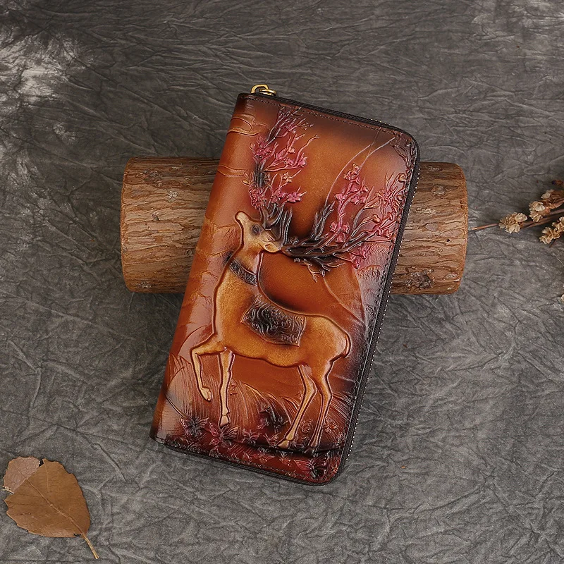 

New Retro Embossing Genuine Leather Wallet First Layer Cowhide Long Zip Wallet Large-Capacity Handbag