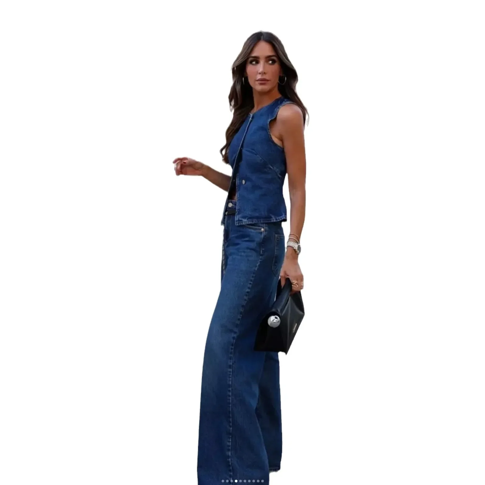 

2026 Women Streetwear Outfits Denim Vest Sleeveless Single Breasted Distressed Wide Leg Pants Casual Ensemble Jeans 2 Piece Set