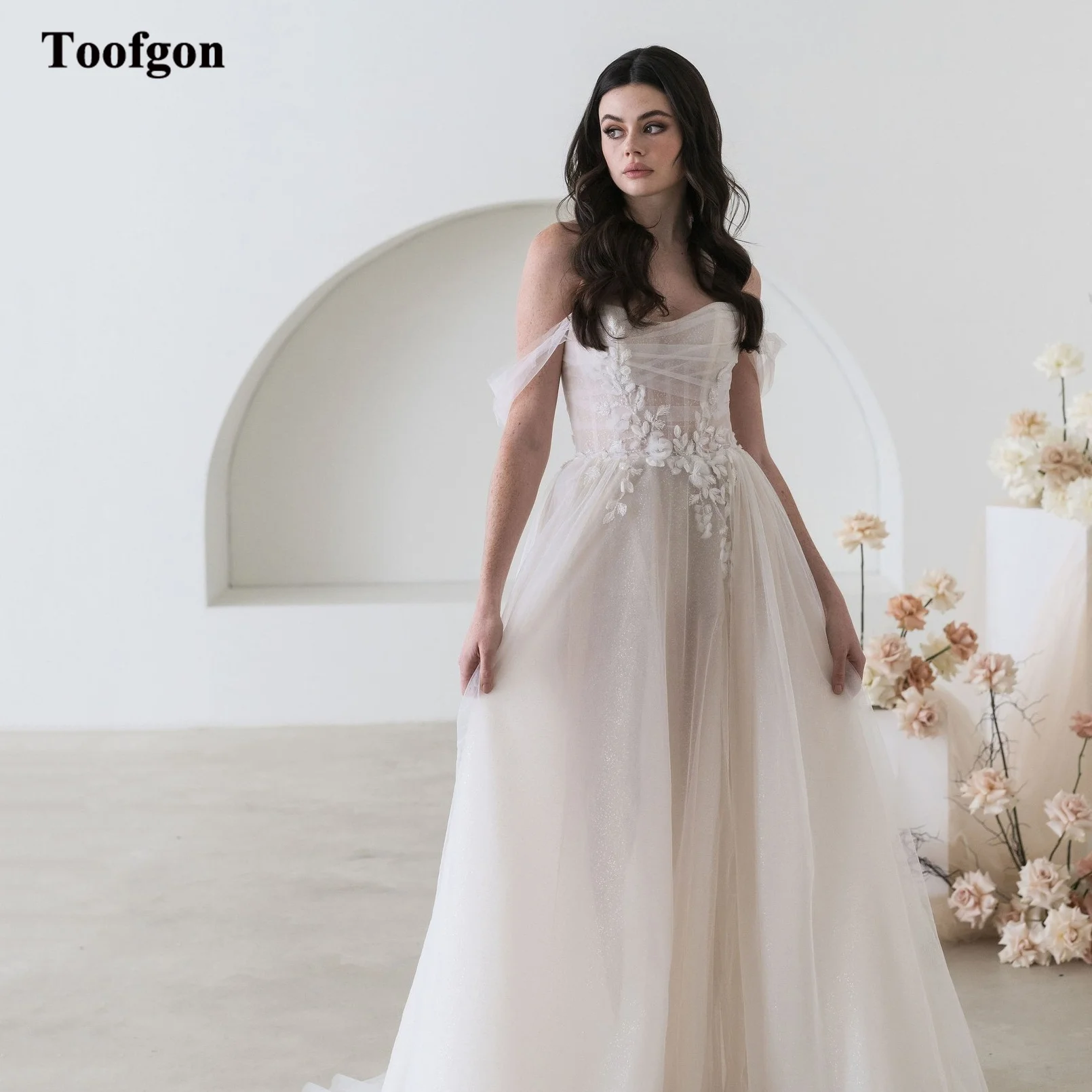 

Toofgon Shiny Bohemia Wedding Dresses Detachable Long Sleeves Appliques Lace Pearls Slit Bride Bridal Gowns Wedding Party Dress