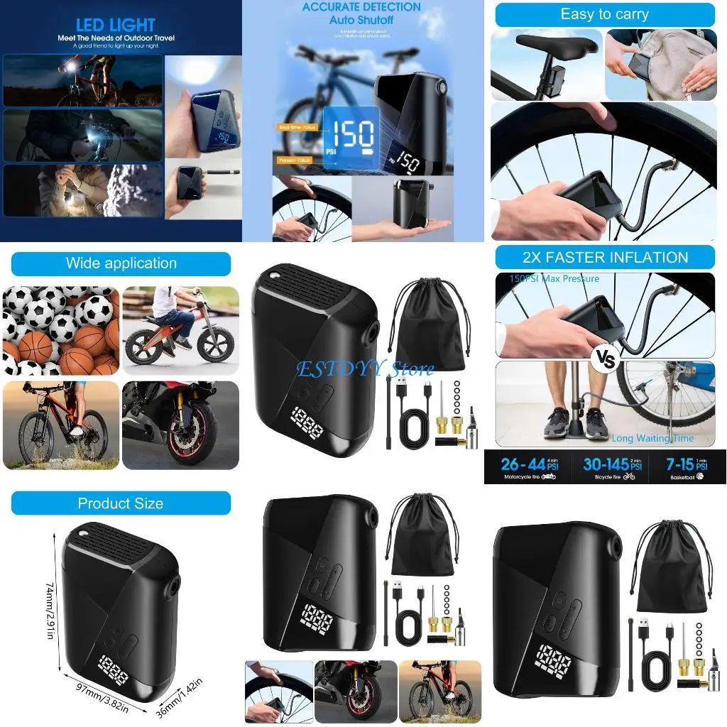 

G6DE Rechargeable Electric Bicycles 150PSI Motorcycle Tire Portable Bike Motorcycle Tire Inflator Easy to Carry