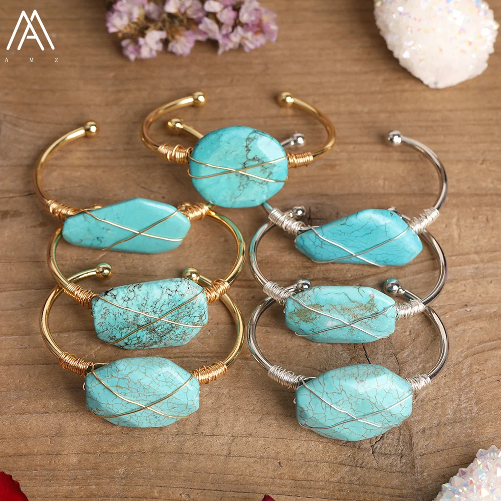 Trendy Women Gold Line Turquoises Open Cuff Bracelets Natural Gemstone Wire Wrap Bangles Birthday Gifts
