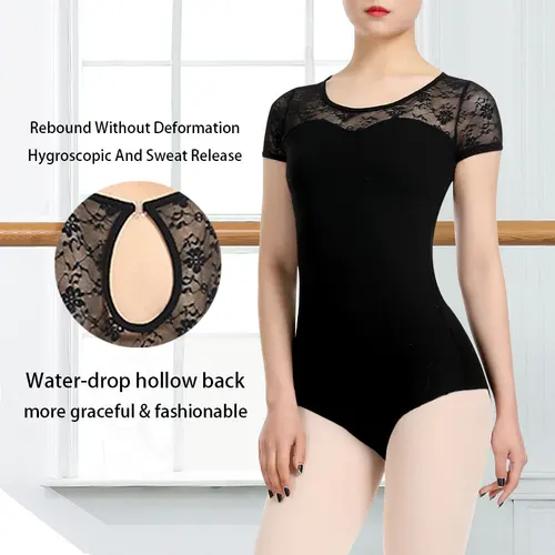 Imagen 1 del producto Leotardo de baile de manga corta con empalme de encaje negro para mujer, camiseta sin mangas, ropa de baile con espalda hueca en forma de gota de agua