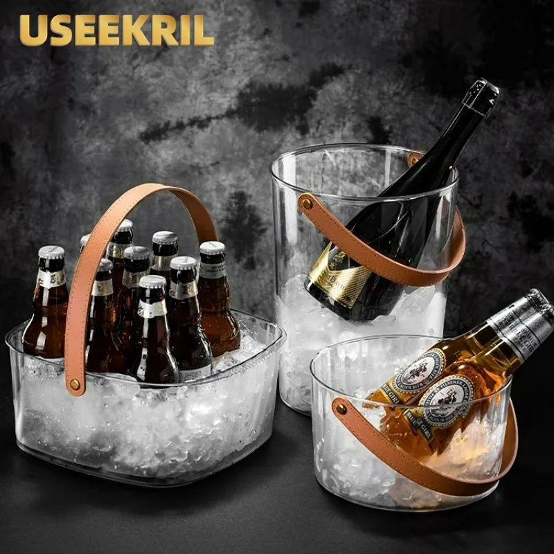 Portable Beer Ice Buckets Acrylic Champagne Bucket Fruit Storage Bucket Leather Portable Large Capacity Ice Buckets Bar Tools