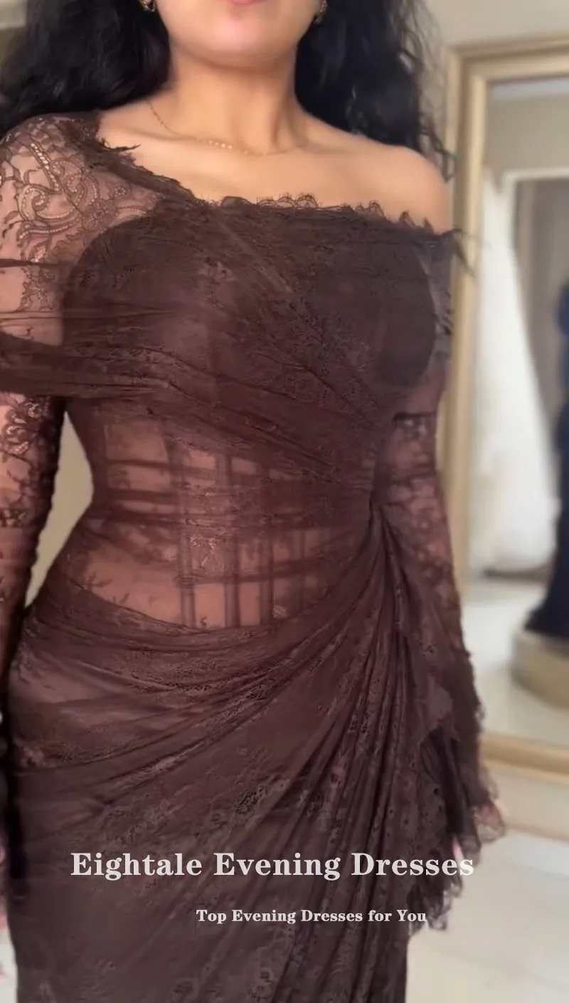 فستان سهرة من الدانتيل Eightale بدون حمالات مخصص حورية البحر بني بأكمام طويلة عربي للحفلات الراقصة وحفلات الزفاف رداء السهرة