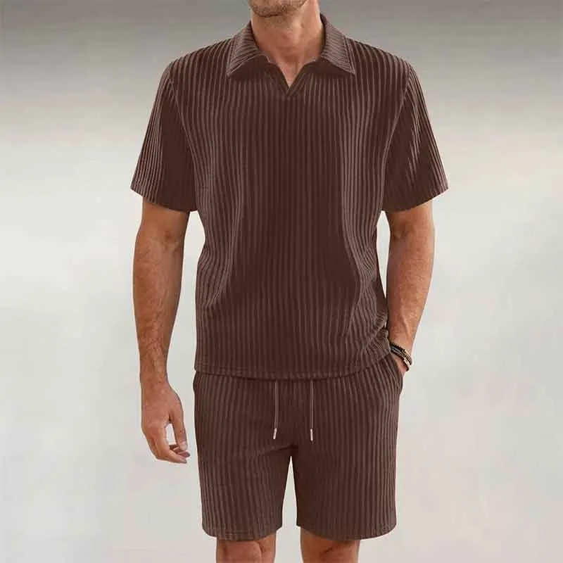Men Summer 3D Versatile 2Pcs Set Lapel Polo Shirt Long Pants Casual Daily Outfit