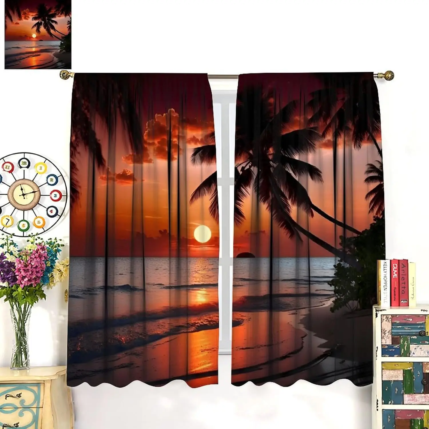 Beach Sunset Curtains for Kitchen, Summer Ocean Palm Tree Tropical Desert Island Orange Sunset Scenery Window Drapes for Bedroom