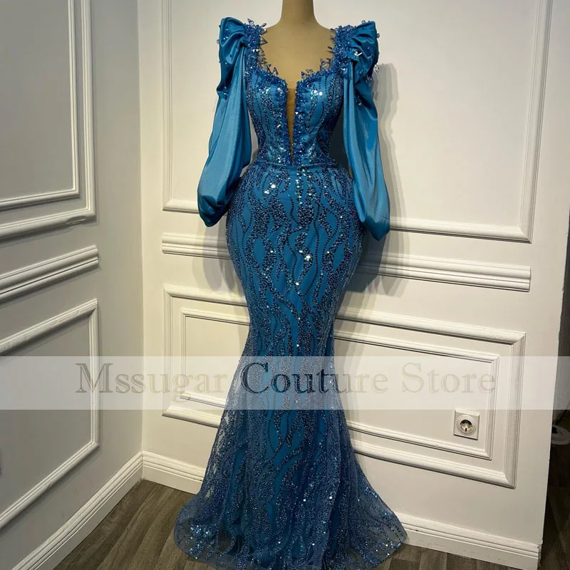 Saudi Arabia Blue Beautiful Evening Dress Mermaid Wedding Party Gowns Luxury Women Dinner Gowns  Vestidos De Fiesta