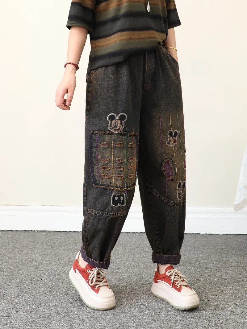 Jean brodé de dessin animé pour femmes, ligne colorée, ample, surdimensionné, amincissant, déchiré, sarouel court, nouveau pantalon en Denim, automne