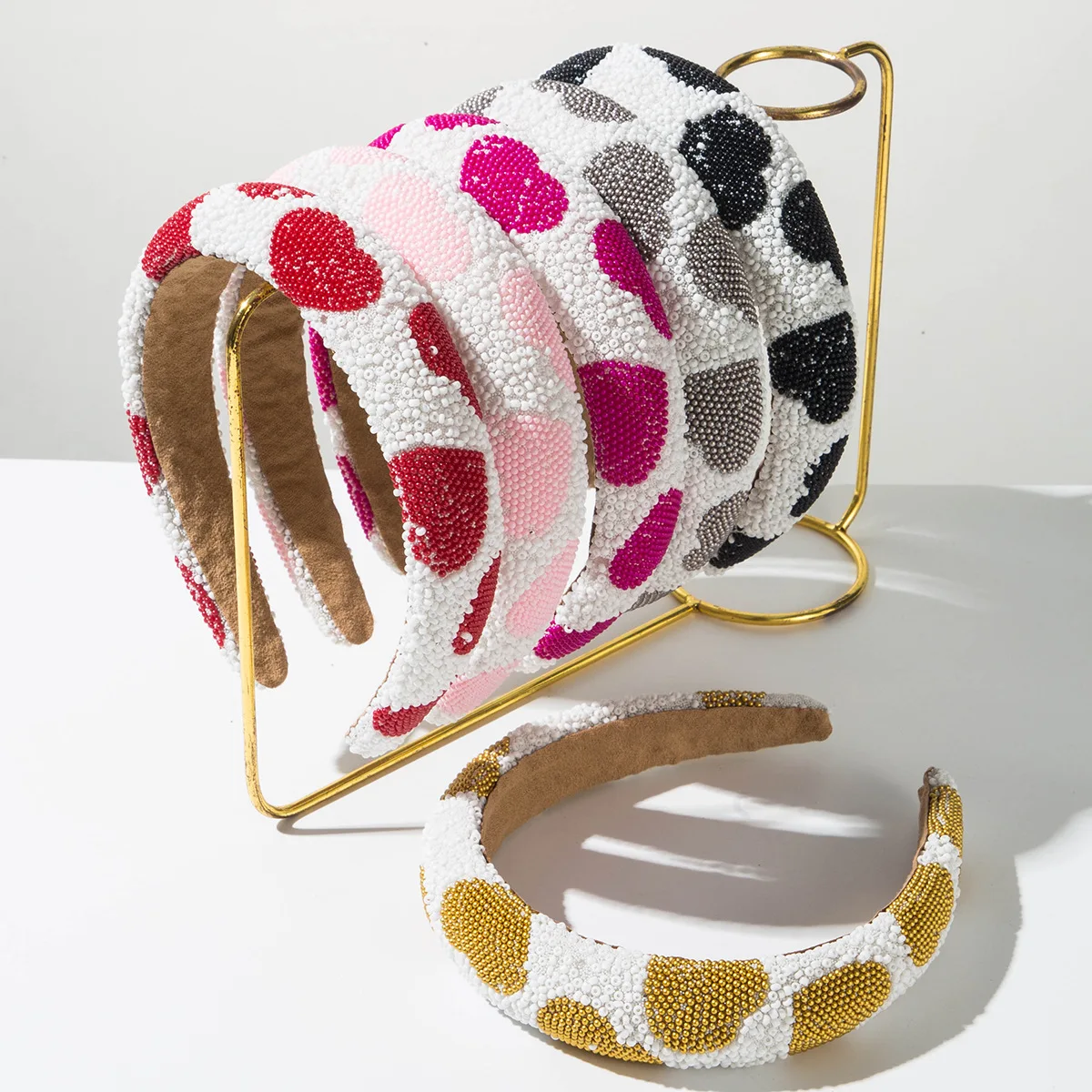 

Korean Style New Beaded Heart Color Block Headband Elegant Wide High-Quality Hair Accessory