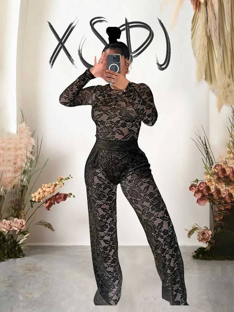 Two Piece Female Wear Close Fitting Bodysuits and Long Pant Sets Transparent Lace Sexy Bodysuit Outfits Wholesale Dropshipping