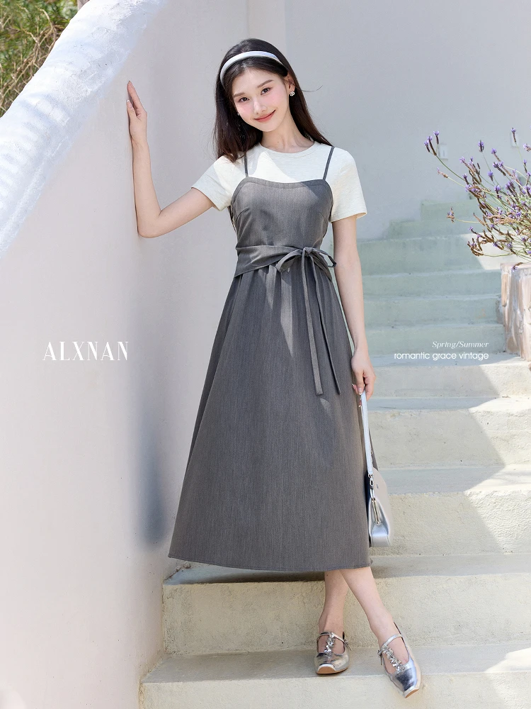 

ALXNAN Women's Long Dress Gray Elegant Patchwork A-line Midi Dress 2025 Trend Summer Casual Short Sleeve Female Clothing L53995