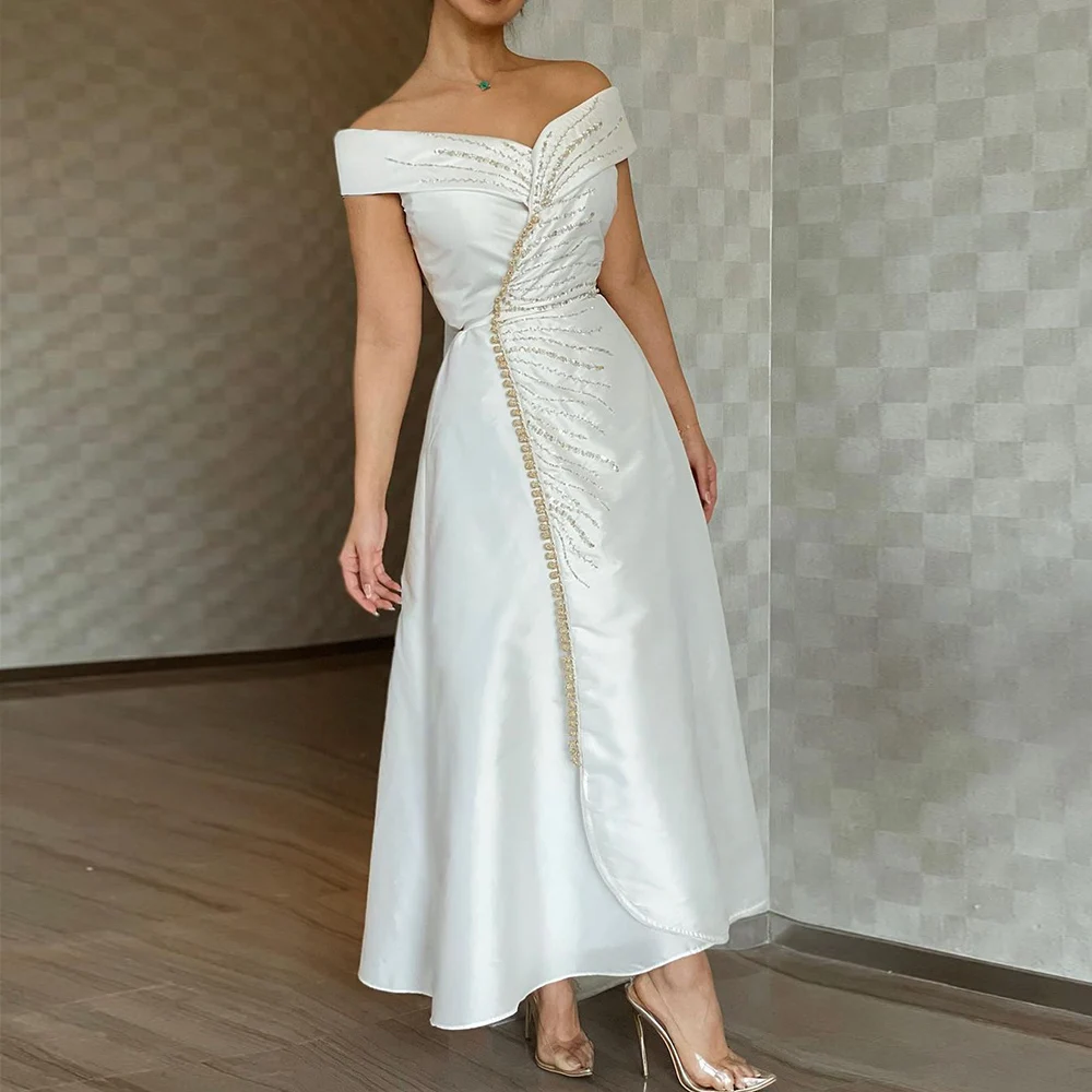 Elegant Off the Shoulder Delicate Beaded Bridal Gown Dubai Arabic Ankle Length A Line Wedding Dresses