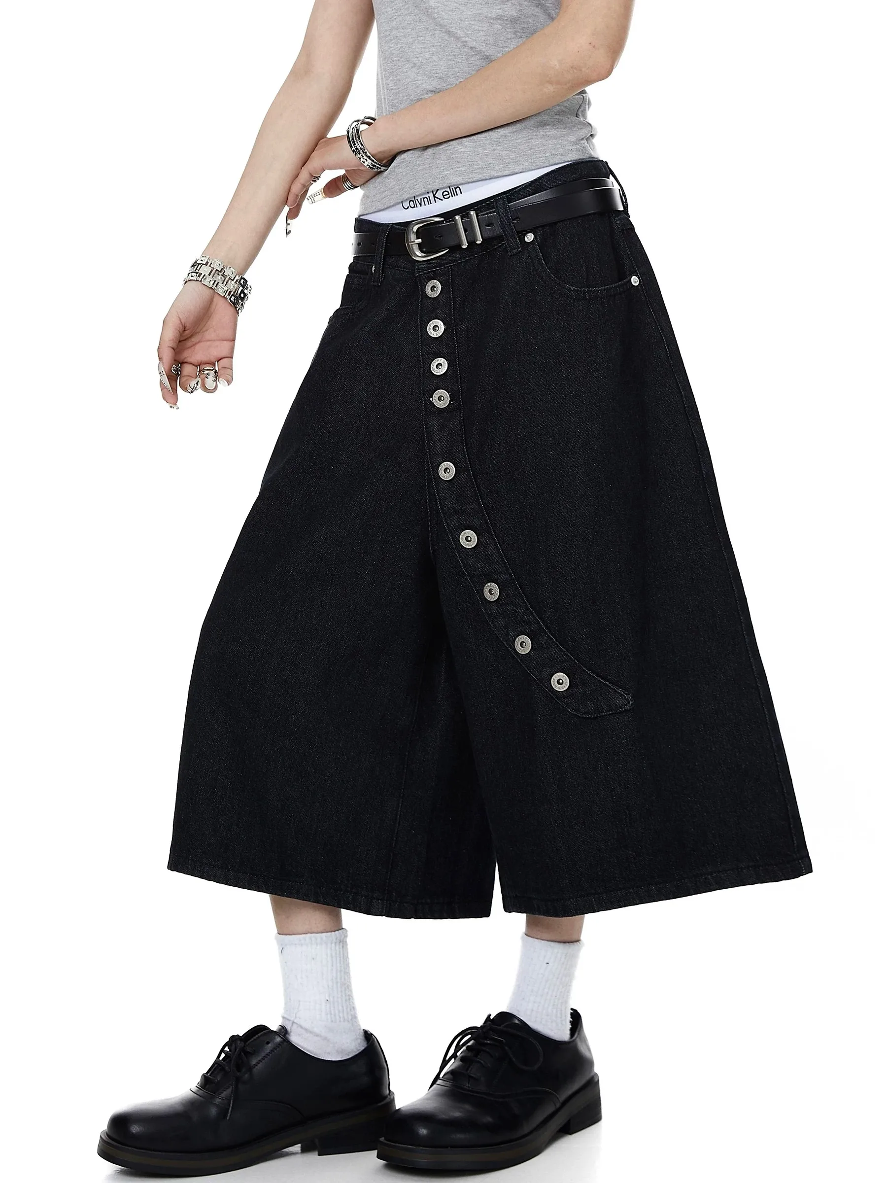 

Y2K American Deconstruction Diagonal Placket Denim Cropped Pants Wide Leg Mid Length Shorts for Couples