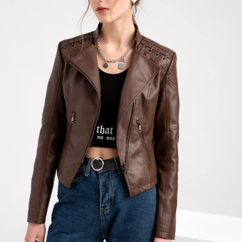 

Women's Vintage Solid Faux Leather Jacket Fashion Loose Long Sleeve Zipper Pockets Short Coat 2025 Autumn Casual Street Outwear