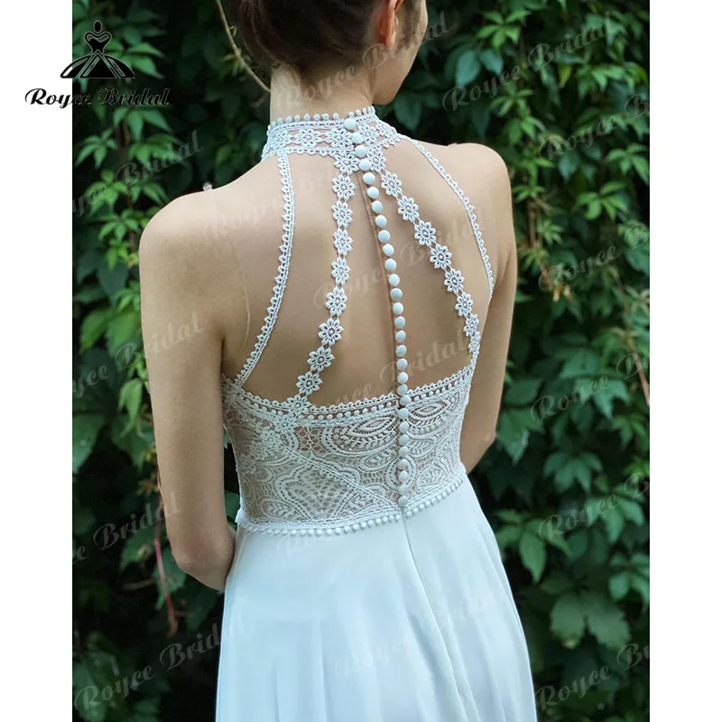 Trouwjurk-Robe de mariée vintage en mousseline de soie, style bohème, avec boutons au dos, col haut, ligne A, pour patients de plage, tenue éducative, 2023