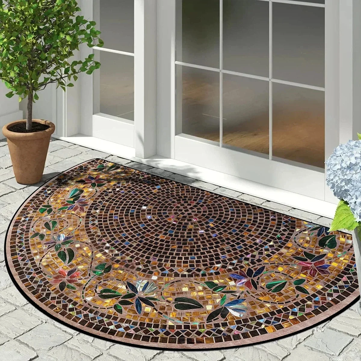 Vintage Floral Mosaic Half Moon Mat Non Slip Floor Rug for Home Decor Living Room Bedroom Entrance Gift for Art Deco Style Lover
