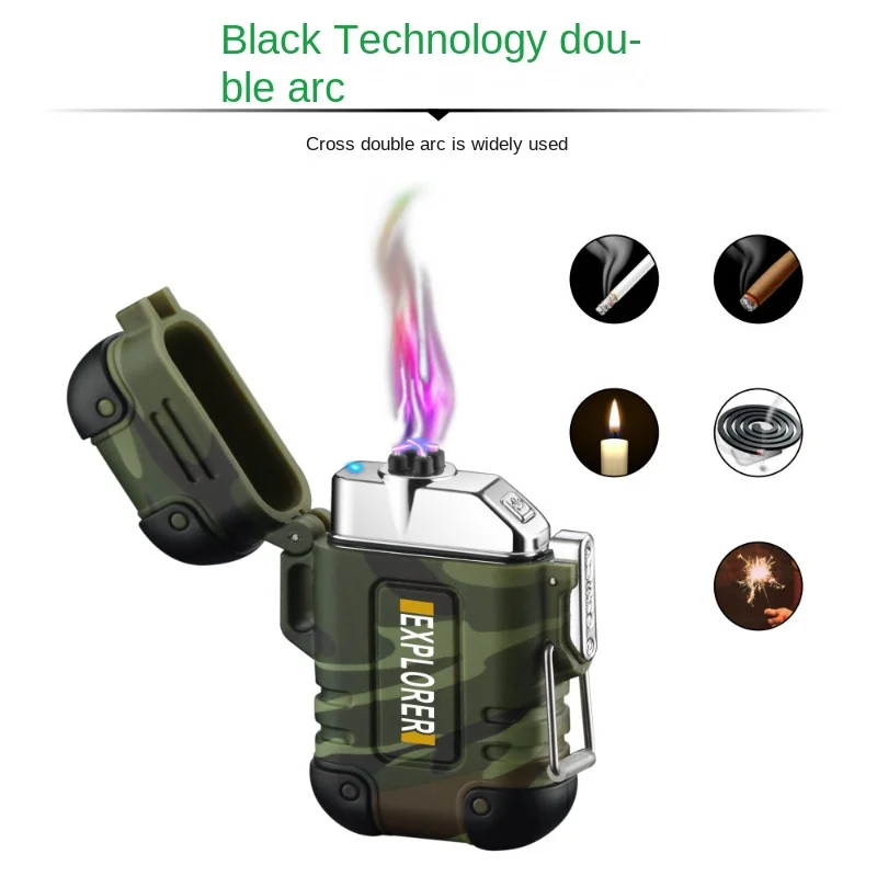2024 New Waterproof Double Arc Lighter USB Rechargeable Windproof Plasma Lighter Outdoor Camping Flameless Smoking Accessories