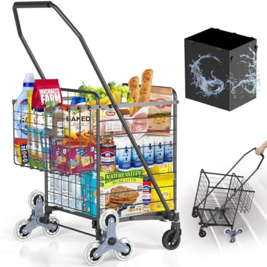 

Прочная тележка для продуктов с грузоподъемностью 127 кг, водонепроницаемым покрытием и поворотными колесами на 360°, складная, черная, для супермаркетов