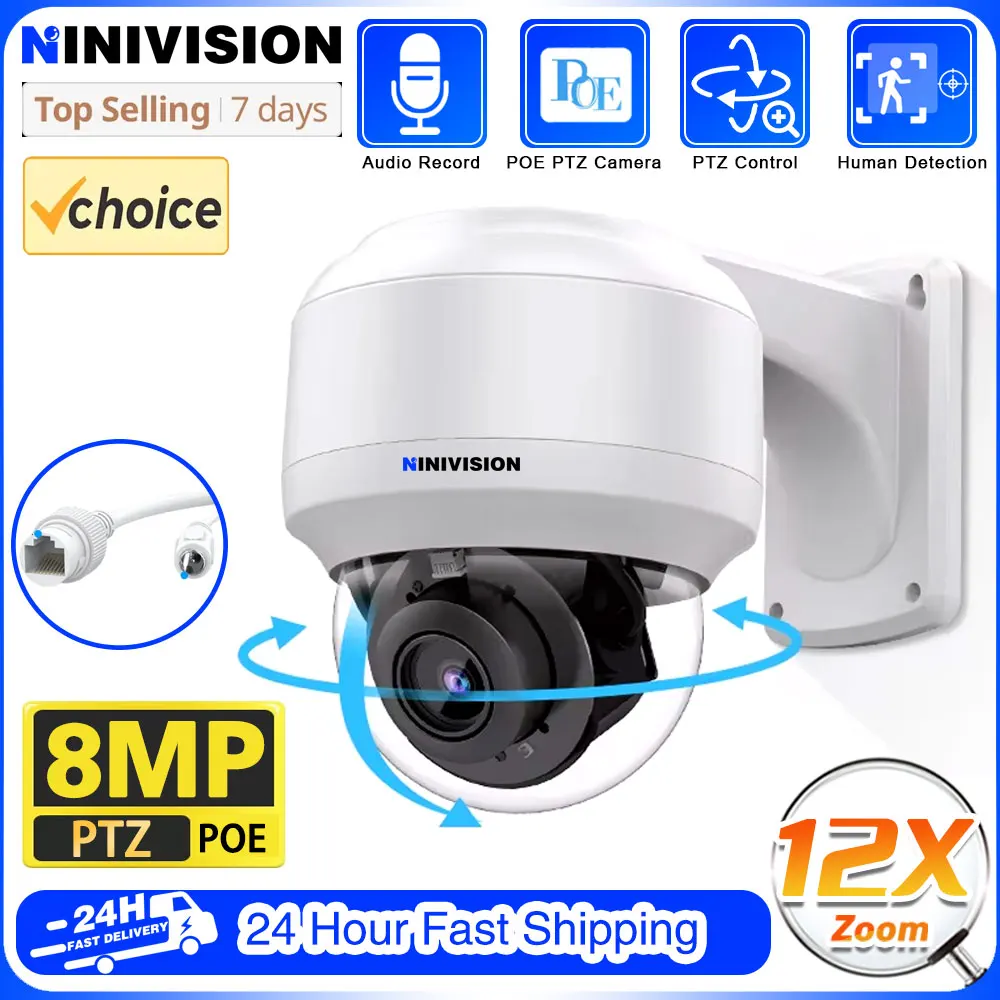 12X PTZ Zoom 8MP Vandalproof PoE Security Camera 135° Wide Viewing Angle Featuring Color Night Vision Two-Way Audio Smart Person