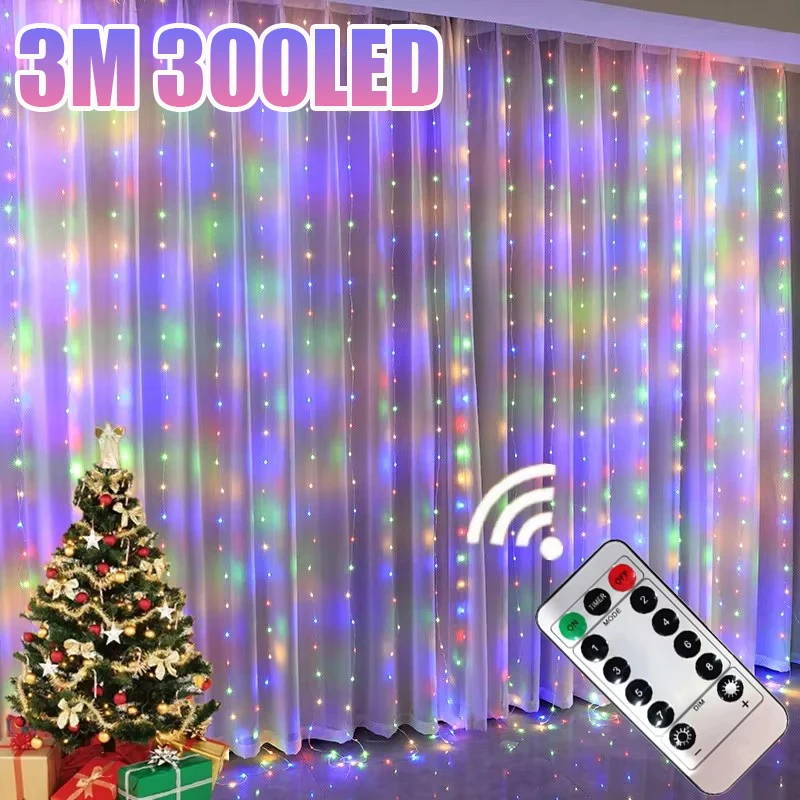 Christmas Curtain LED String Lights Garland Festival Decoration USB Remote Control Holiday Wedding Fairy Lights for Bedroom Home