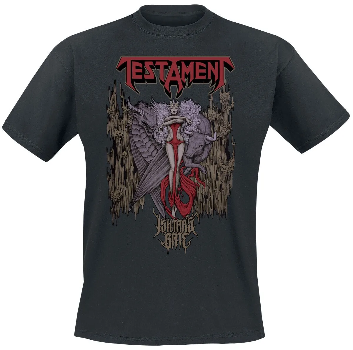 Testament Jaguar Gate Tee, Thrash Metal T-Shirt with Dark Mythology Art & Red Band Logo, Testament Fan Merch