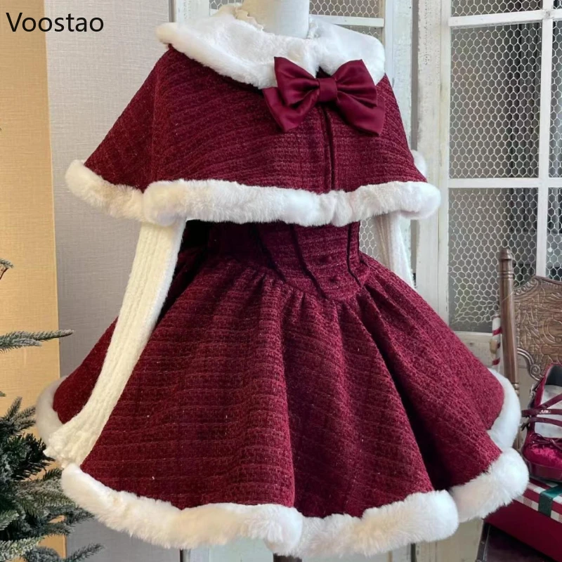 Japanese Sweet Lolita Dress Set Women Kawaii Bow Plush Shawl Short Jackets Party Mini Dress Suit Christmas New Year 3 Piece Set