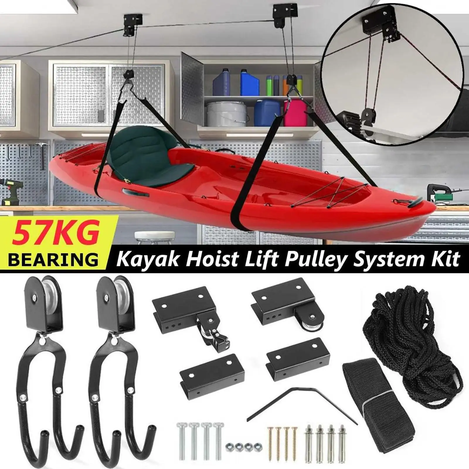 Kayak Hoist Lift Garage Ceiling Pulley Organizer Space Saver Storage System for Home Bike and Canoes