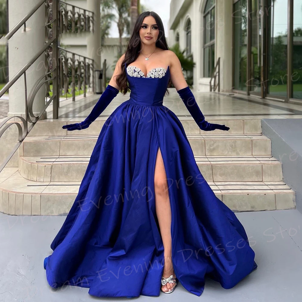 Gaun malam wanita model A Line Modern populer gaun Prom bermanik tanpa tali klasik seksi Vestido De Noche belahan samping