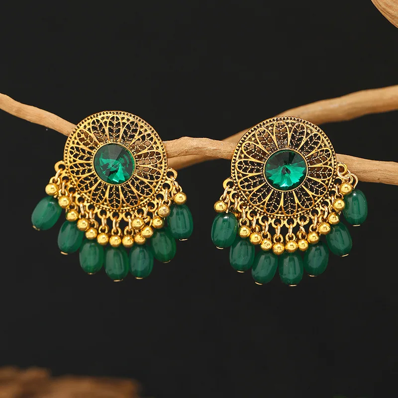 Bohemian Retro Ethnic Earrings with Feminine Elegance Crystal Green Beads Bell Tassel Earings for Women Indian Jewelry Aretes