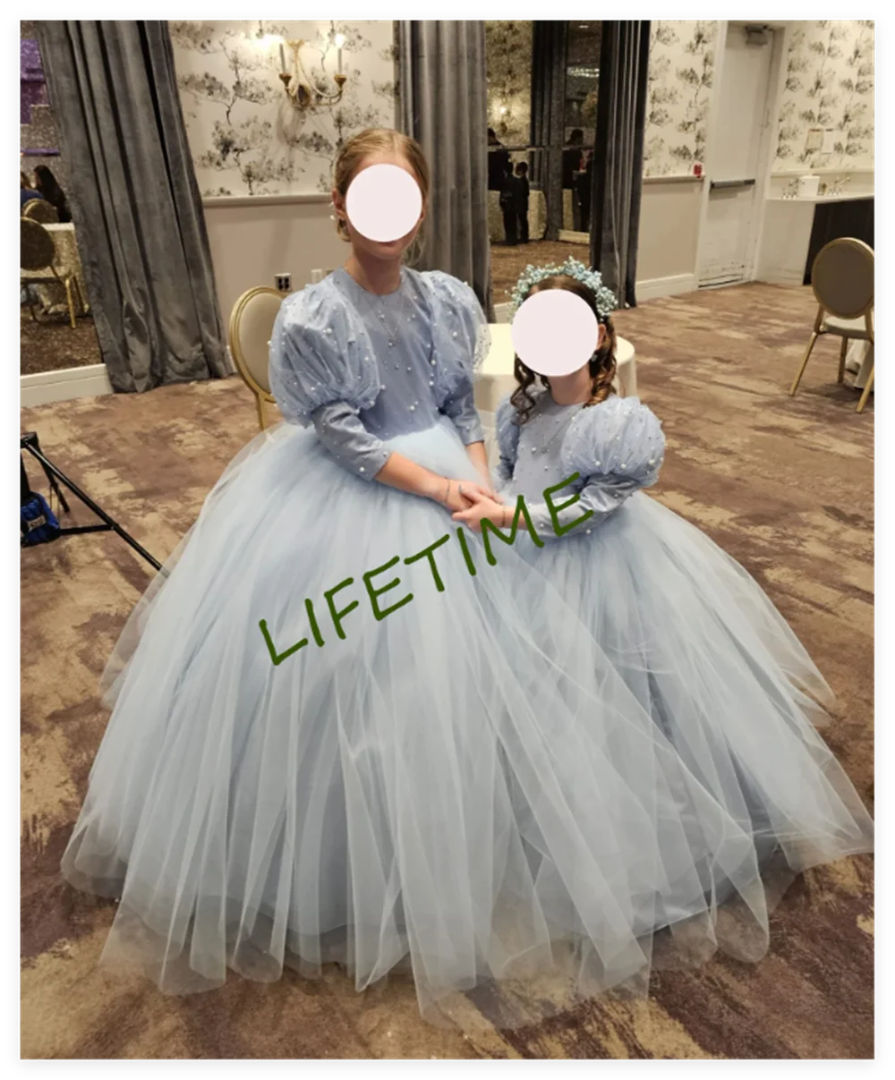 3/4 Sleeve Blue Tulle Flower Girl Dress For Wedding Puffy Balloon Sleeve Pricness Pageant Birthday High Neck Girl Dresses