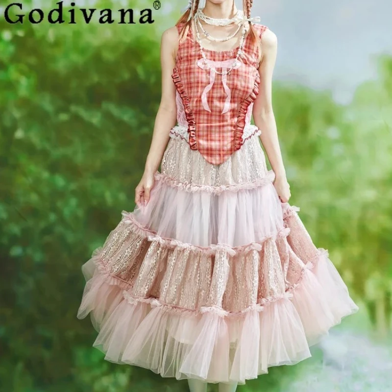 

Japanese Retro Pink Gauze Loose Big Swing Sweet Cute Chic Skirt Summer Girls Lolita High Waist A-line Age-reducing Long Skirts