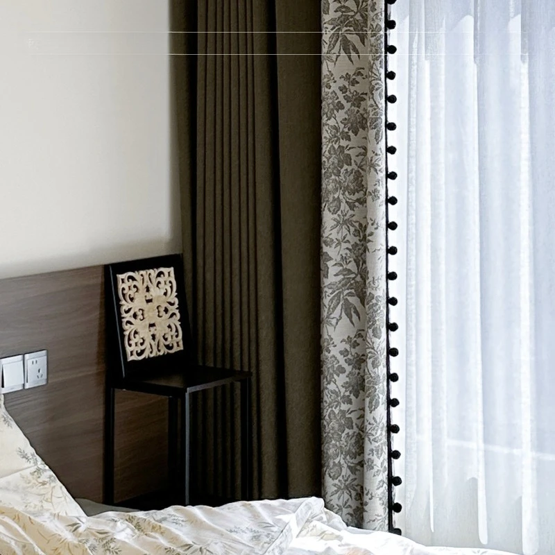 

Light Luxury Modern Retro Green Splicing Jacquard Curtains Contrasting Splicing Styles Cotton and Linen Wind Blackout Curtains