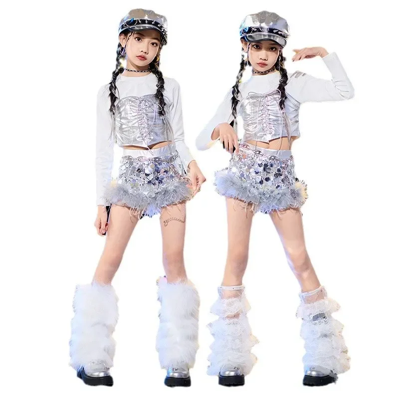 

Children's Jazz Stage Costumes White Tops Silver Sequined Shorts Girls Group Dance Performances Singers Music Festival Clothes