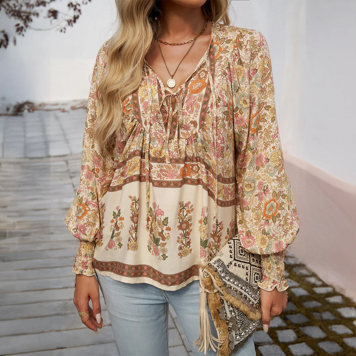 2025 Spring and Summer Bohemian Vacation Style Cotton Printed Lace-up Long Sleeve Top Shirt for Women